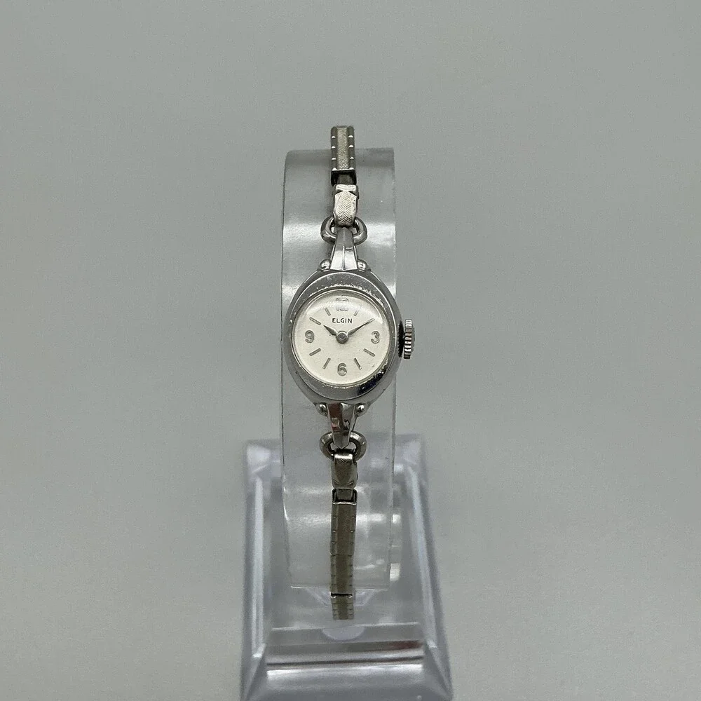 Vintage Elgin Womens Watch 10K RGP Bezel 14mm White Dial Stretch Bracelet Manual